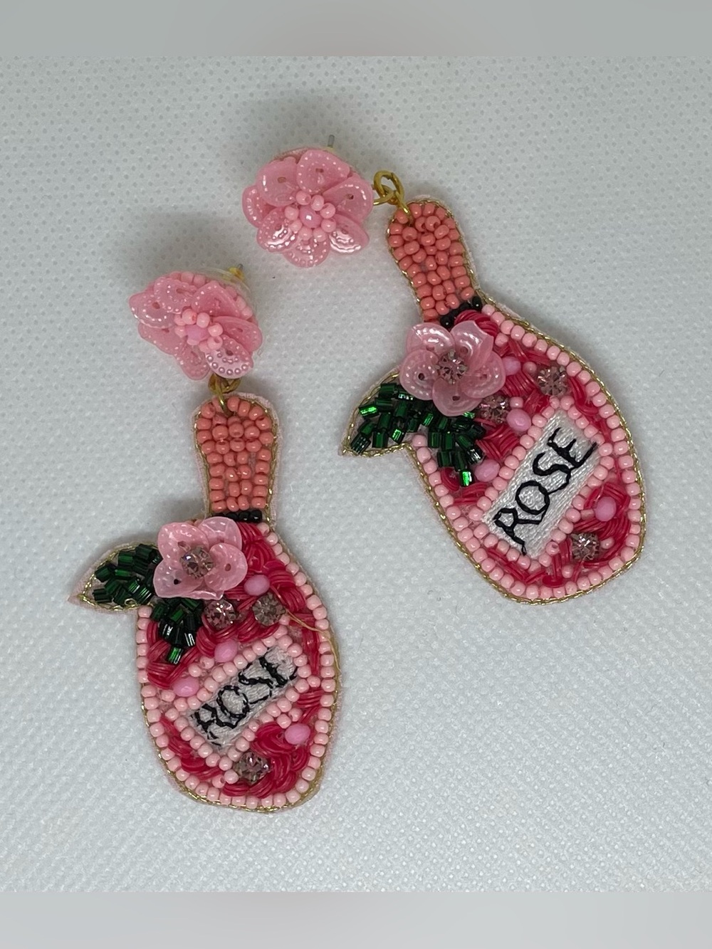 🌸Pink Rosé Bottle Beaded Statement Earrings | Handmade Floral Rhinestone Dangles